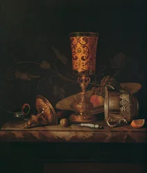 Stillleben mit Silberkelchen und Uhr